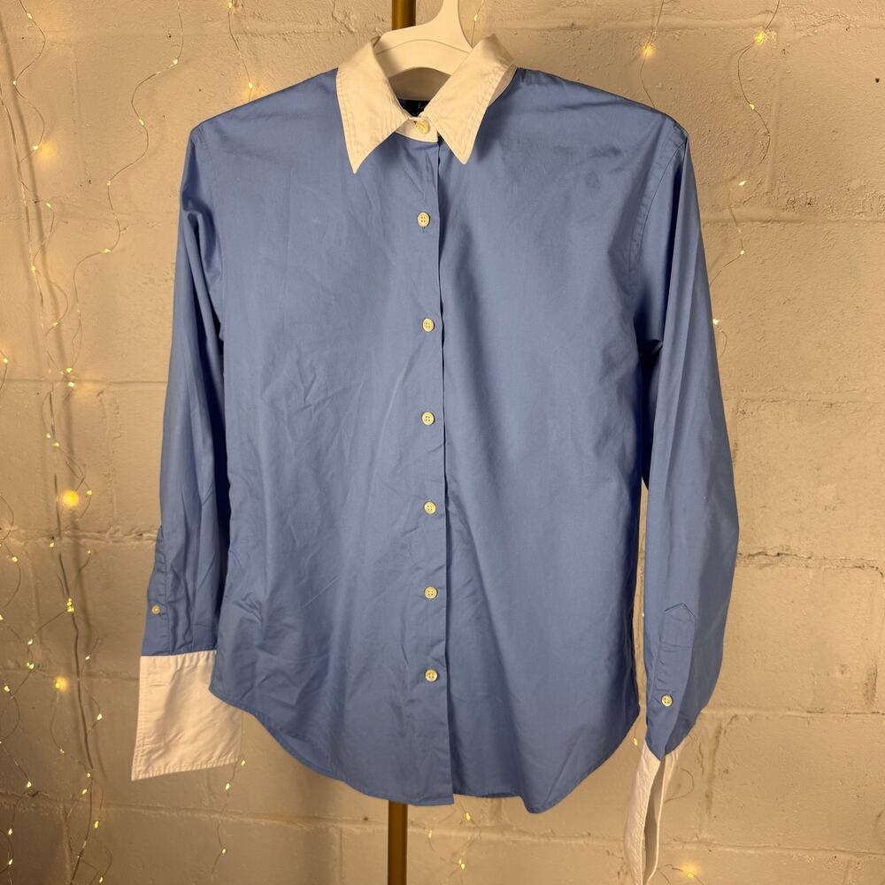 lauren ralph lauren blue white cotton french cuff shirt women size 8 preppy